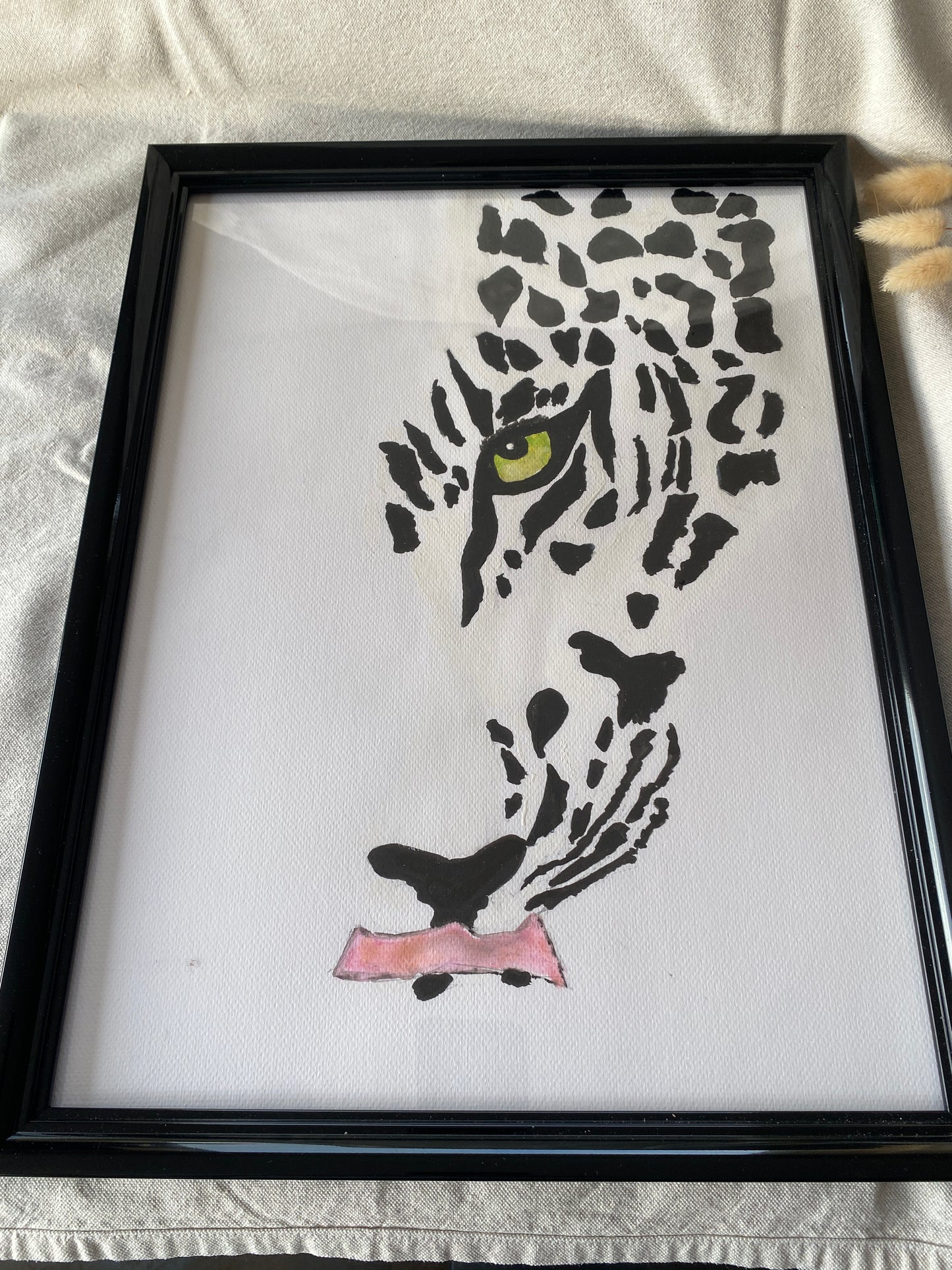 Panthère blanche- 32,5x43cm - Aquarelle et son cadre en bois
