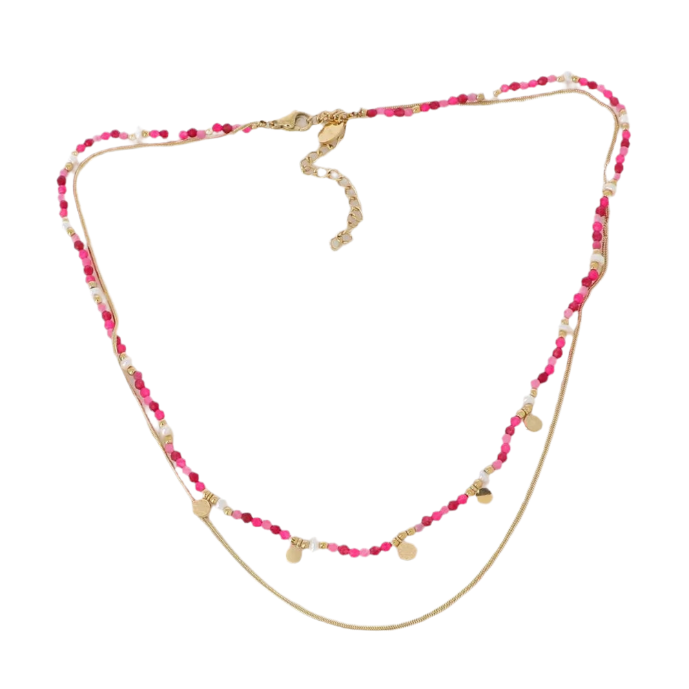 Collier Milodria 2 rangs en pierres naturelles - Agate fuchsia