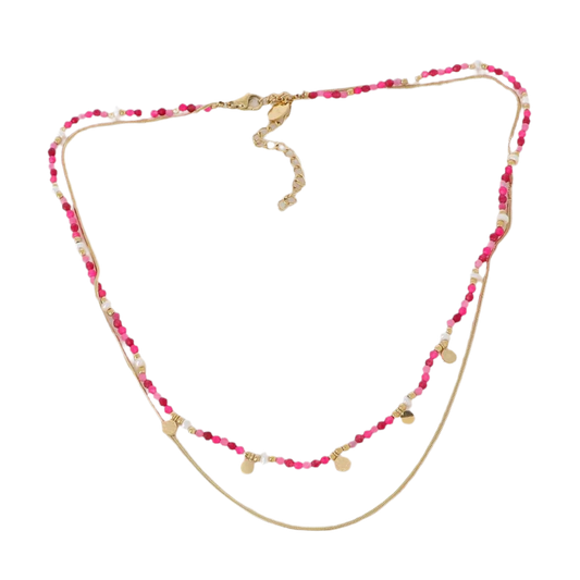 Collier Milodria 2 rangs en pierres naturelles - Agate fuchsia