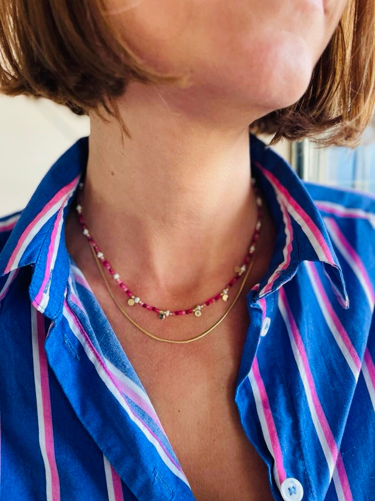 Collier Milodria 2 rangs en pierres naturelles - Agate fuchsia