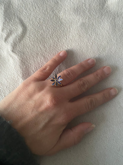 Bague Fleur - dorée et bleue - Taille réglable