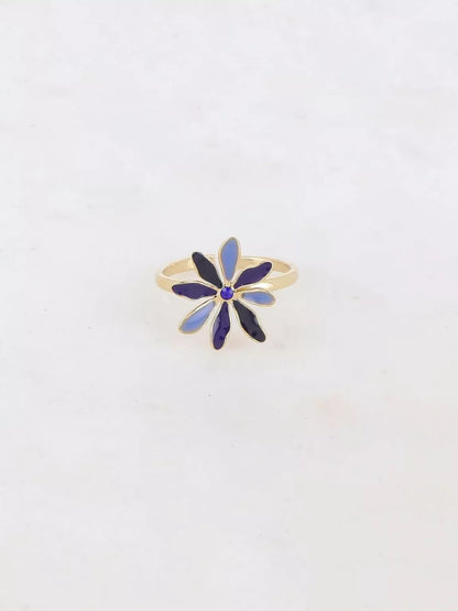 Bague Fleur - dorée et bleue - Taille réglable