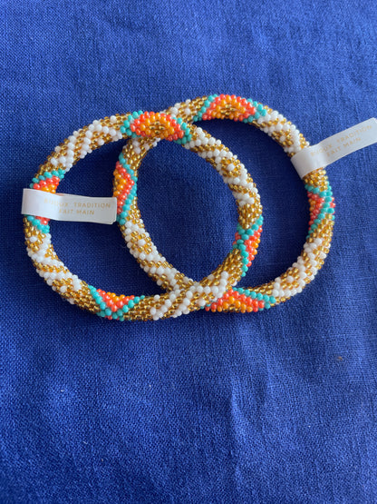 Bracelet népalais - blanc - doré -Orange - turquoise