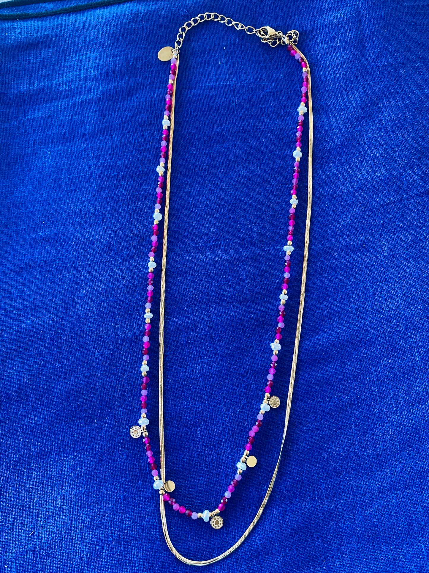 Collier Milodria 2 rangs en pierres naturelles - Agate fuchsia