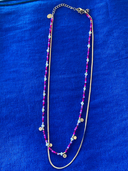 Collier Milodria 2 rangs en pierres naturelles - Agate fuchsia