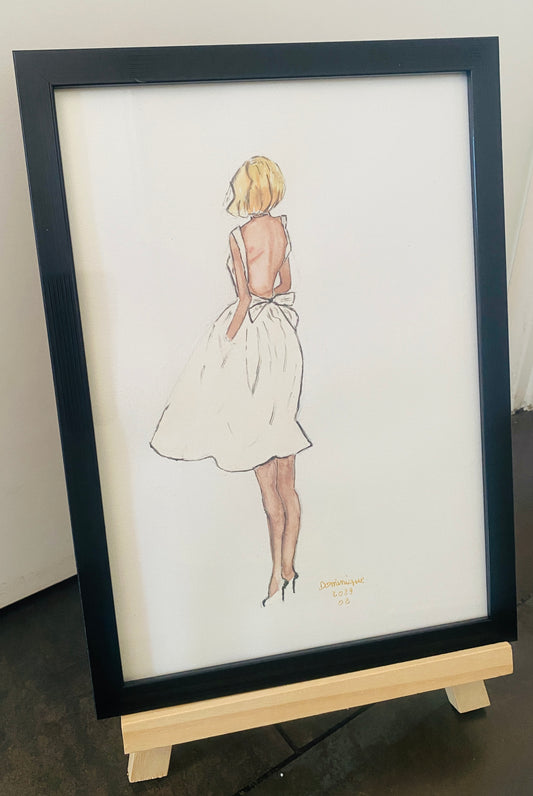 La fille en blanc - 24X32 cm - Aquarelle et son cadre noir