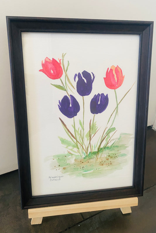 Les tulipes - 24X32 cm - Aquarelle et son cadre en bois noir