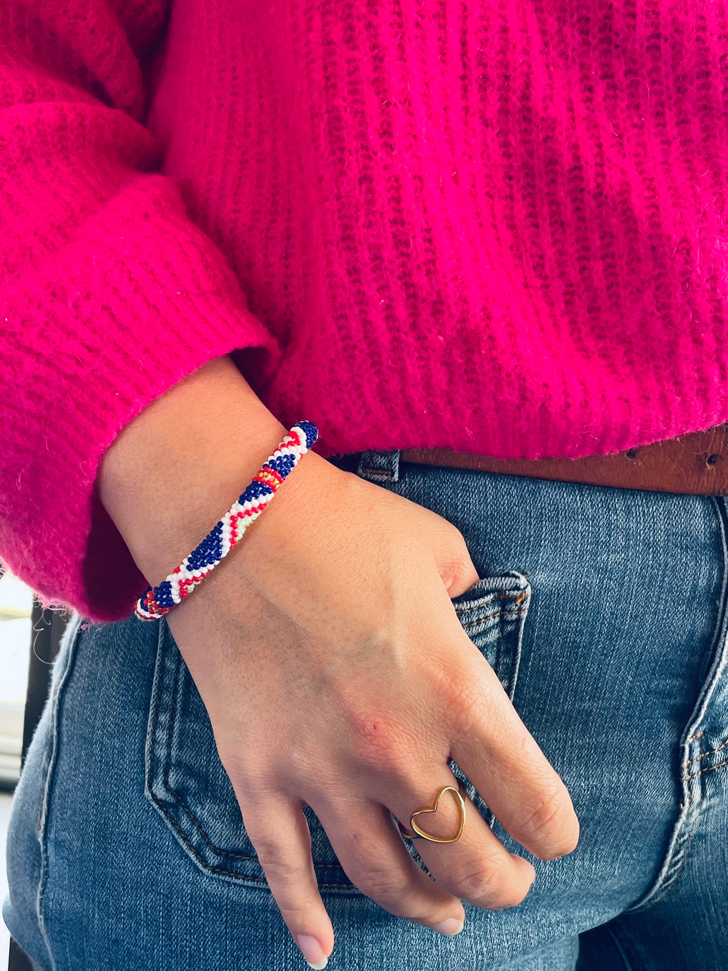 Bracelet népalais - bleu rouge blanc doré