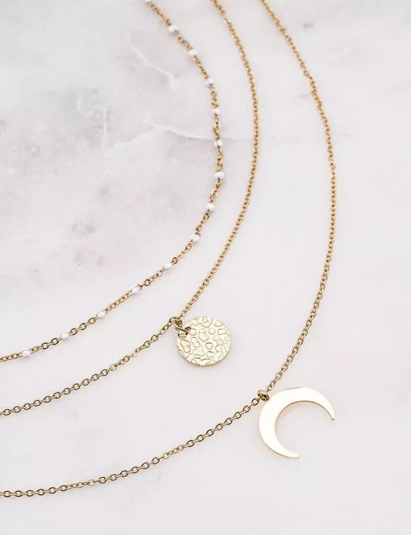 Collier Luna - doré et perles blanches - multi-rangs