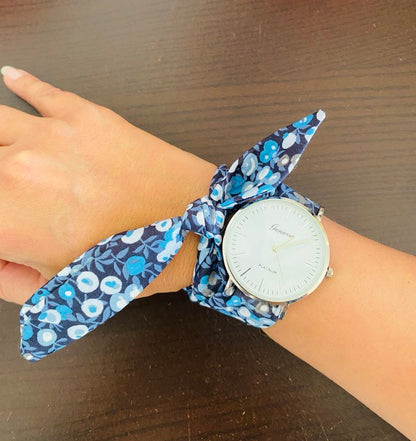 Montre Foulard Wiltshire bleu nuit - grand cadran argenté ou doré rosé